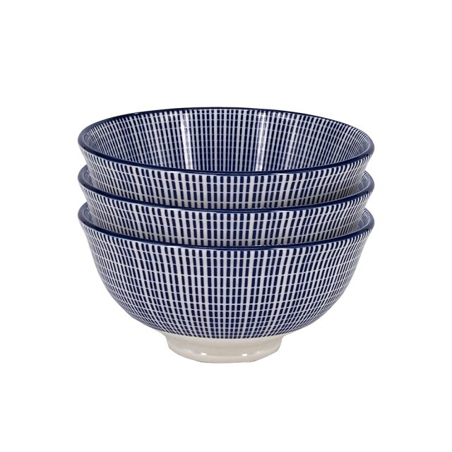 復古藍陶瓷飯碗三件套-線條(圖)