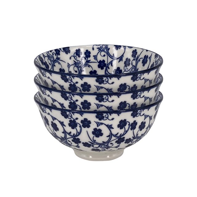 復古藍陶瓷飯碗三件套-藍花(圖)
